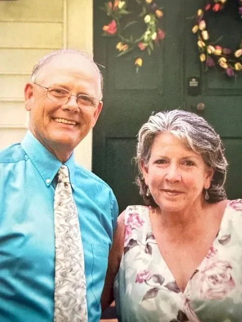 Carol & Greg, owners of Wrexham Hall, at the front door