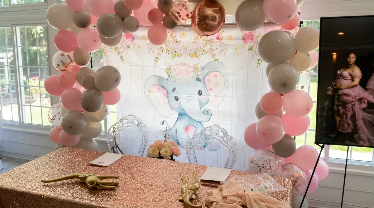 Baby shower setup with pastel balloons