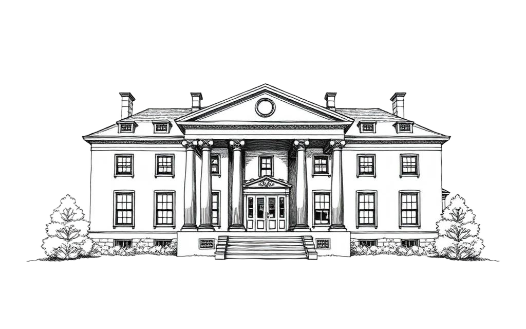 Line-art architectural sketch of Wrexham Hall facade